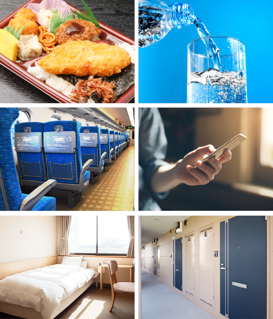 弁当や飲み物、ホテル宿泊、移動支援